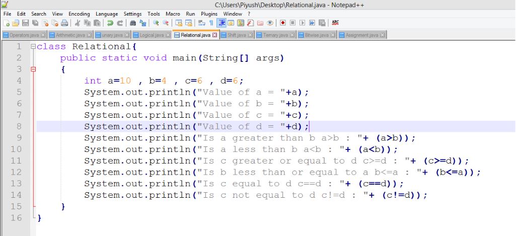 This image describes a sample program of relational operators in java.